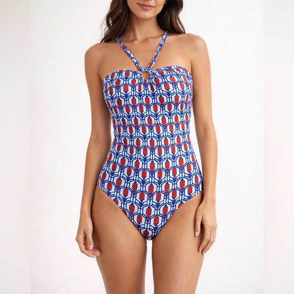 New Anthropologie Swimsuit Geometric‎ Blue Motif Tile One Piece Sz L